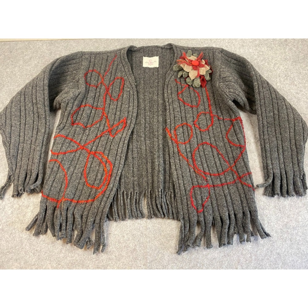 Look at Me Designs Wool Angora Artisan Handmade Floral Brooch Cardigan Size M